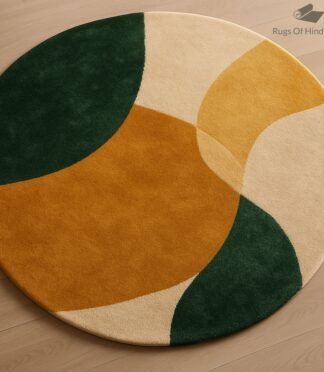 modern abstract round wool rug in mustard and green handmade