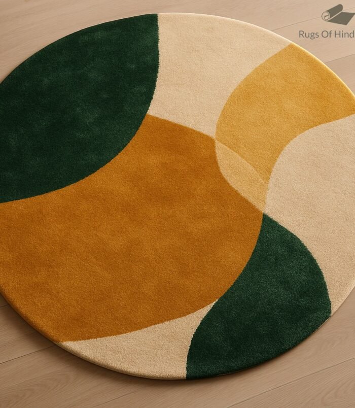 modern abstract round wool rug in mustard and green handmade