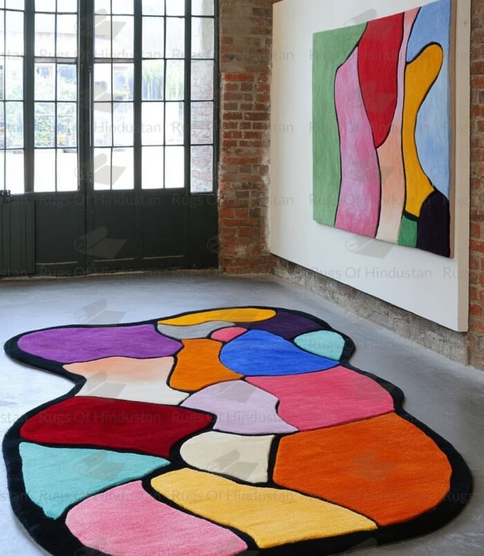 Abstract multicolor patchwork rug with black border placed in modern gallery-style room