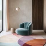 Round wool rug with abstract geometric color blocks in teal, orange, purple and cream – by Rugs Of Hindustan