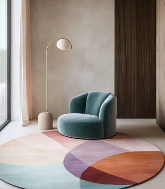 Round wool rug with abstract geometric color blocks in teal, orange, purple and cream – by Rugs Of Hindustan