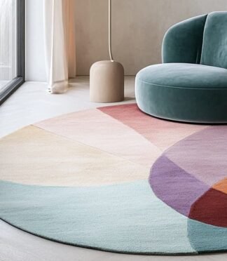 Round wool rug with abstract geometric color blocks in teal, orange, purple and cream – by Rugs Of Hindustan
