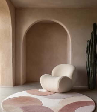 Abstract round wool rug in warm earth tones with modern sculptural chair and neutral interior