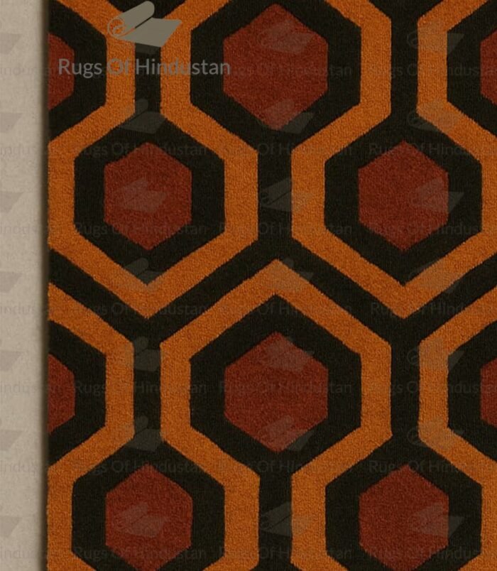 Handmade retro hexagon pattern wool rug with burnt orange and black geometric design