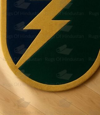 Hand-tufted wool rug in lightning bolt design with navy, green, and gold palette – by Rugs Of Hindustan