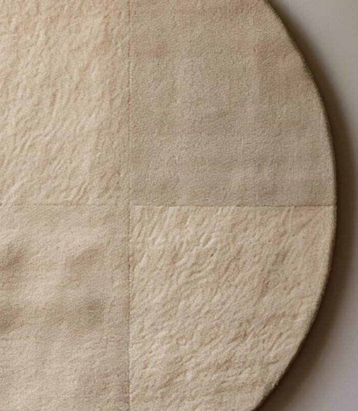 Minimalist hand-tufted round wool rug in beige with quadrant texture detailing by Rugs Of Hindustan