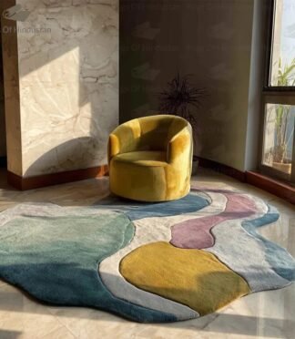 Hand-tufted abstract irregular wool rug in pastel colors with modern design in sunlight next to a yellow chair