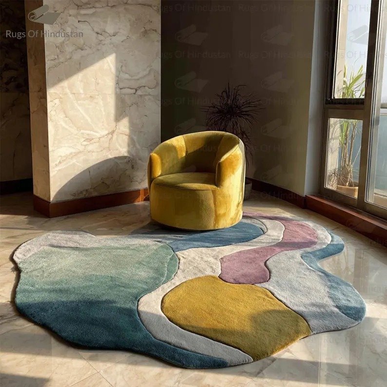 Hand-tufted abstract irregular wool rug in pastel colors with modern design in sunlight next to a yellow chair