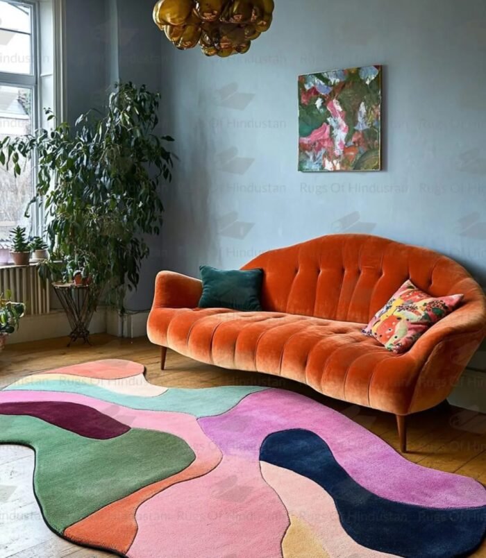 Hand-tufted multicolor wool rug in irregular shape under retro orange sofa in vibrant living room