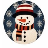 round wool rug with snowman and snowflakes for Christmas decor