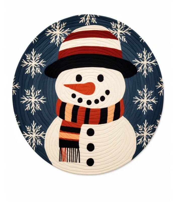 round wool rug with snowman and snowflakes for Christmas decor