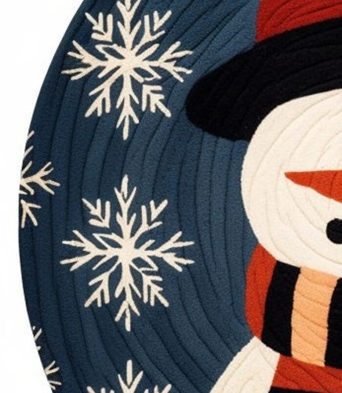 round wool rug with snowman and snowflakes for Christmas decor