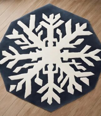 snowflake wool rug in white and blue octagonal design on wooden floor