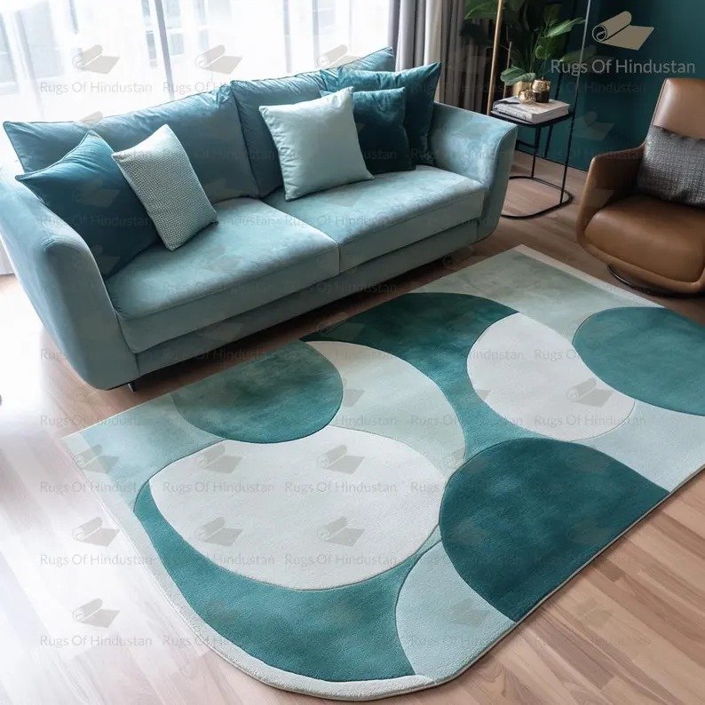 teal abstract wool rug with wave design in modern living room
