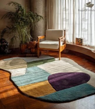 artistic multicolor wool rug with curved organic shape in modern interior