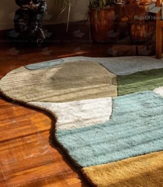 artistic multicolor wool rug with curved organic shape in modern interior