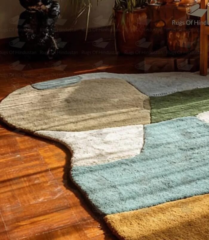 artistic multicolor wool rug with curved organic shape in modern interior