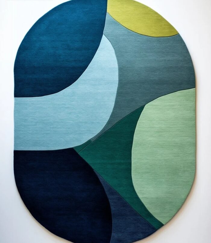 abstract oval wool rug in ocean wave colors of green, teal, blue and yellow