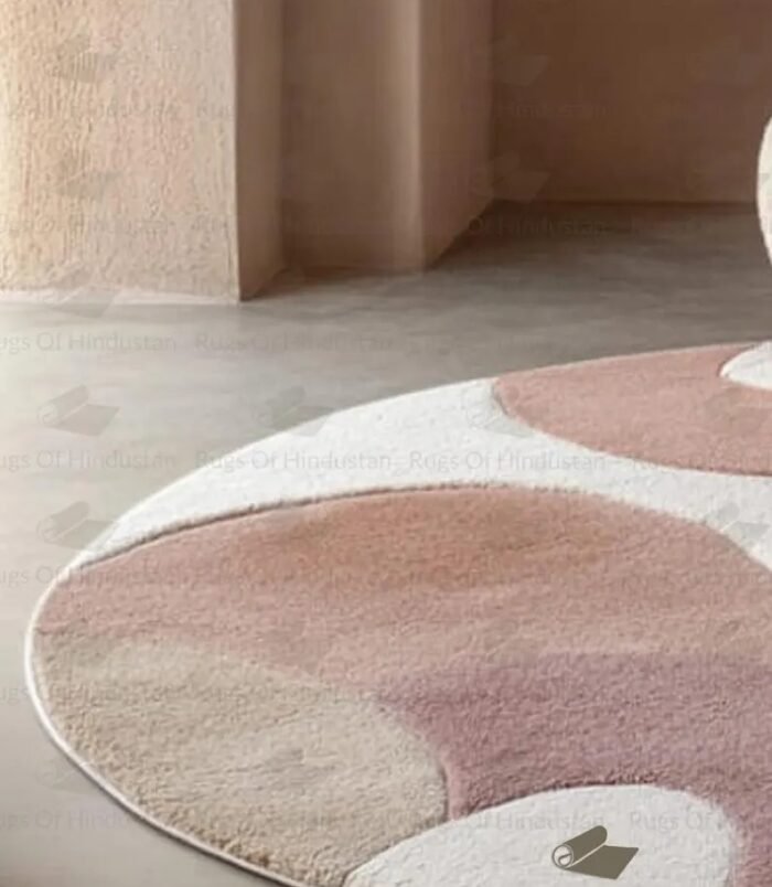 pastel abstract round wool rug in pink beige ivory handmade