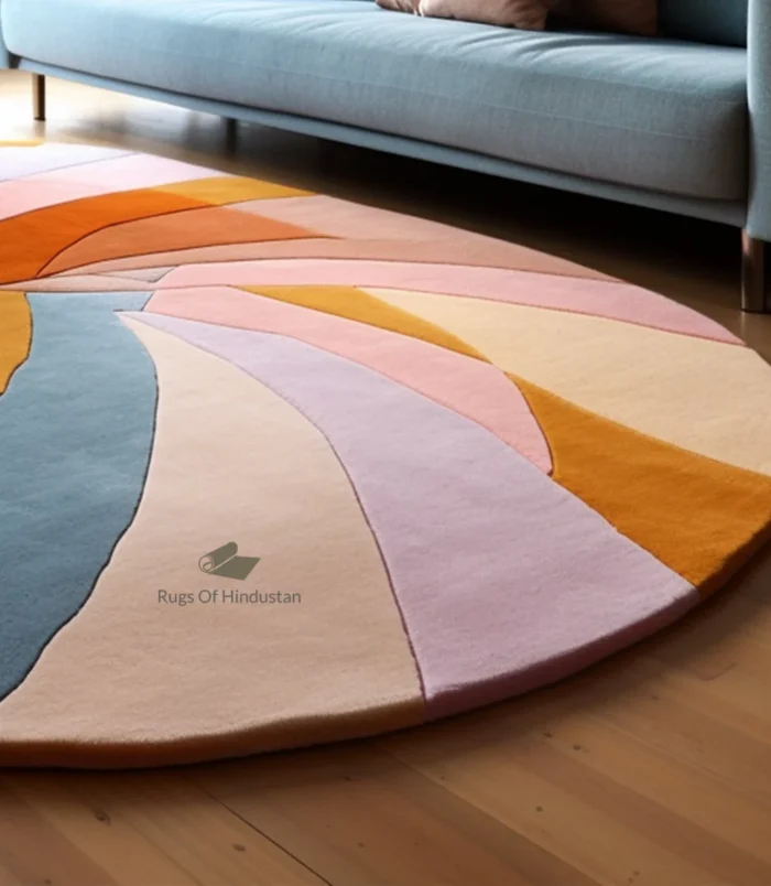 Handmade Abstract Round Wool Rug – Vibrant Modern Carpet for Home Decor