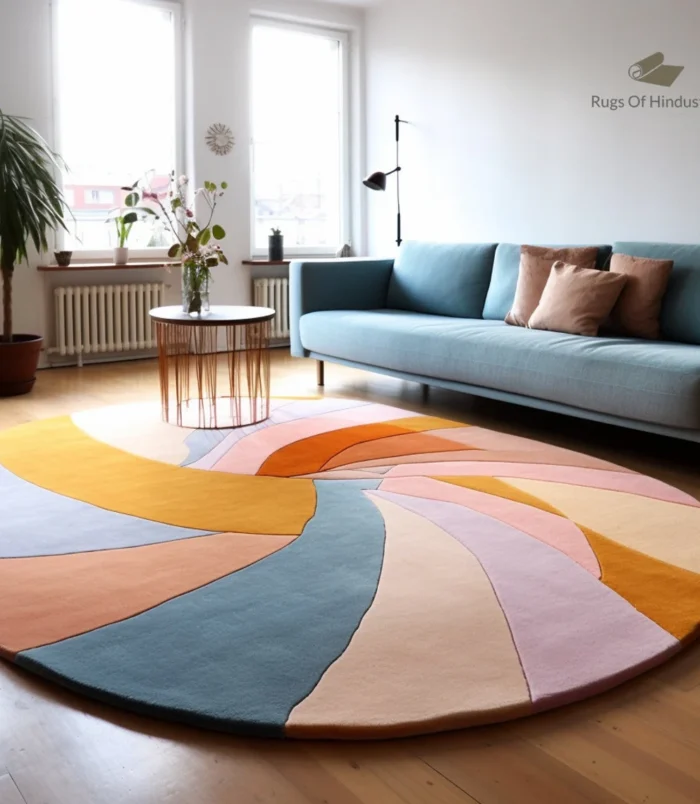 Handmade Abstract Round Wool Rug – Vibrant Modern Carpet for Home Decor