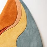 Handmade flame-inspired wool rug in blue, gold, orange & brown – modern tufted abstract carpet.