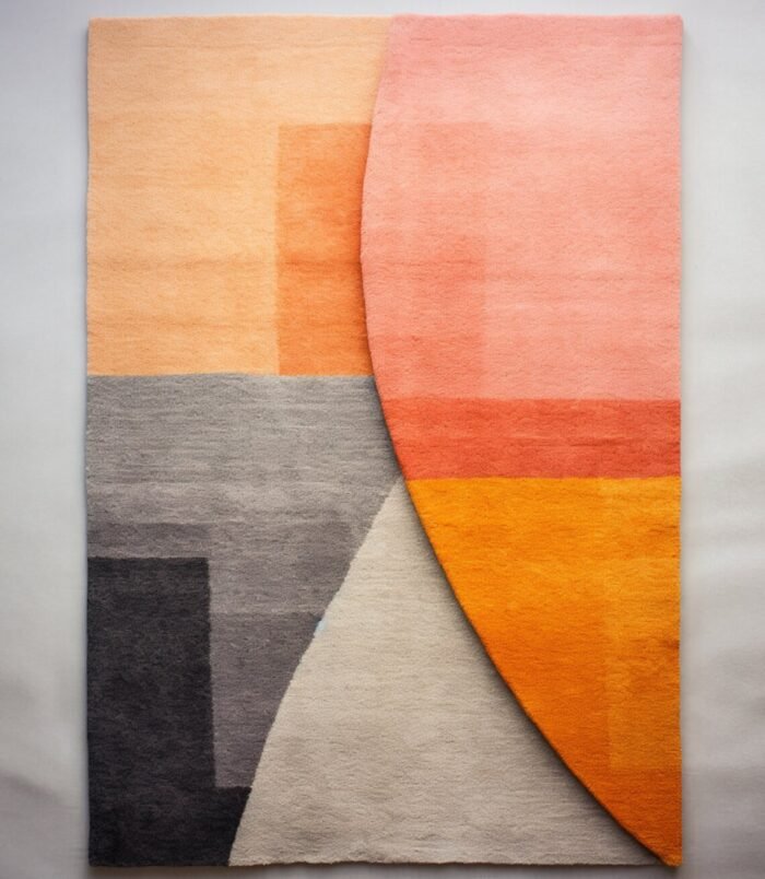 Handmade geometric abstract wool rug in warm & neutral tones, perfect for modern home decor.