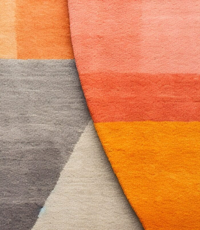 Handmade geometric abstract wool rug in warm & neutral tones, perfect for modern home decor.