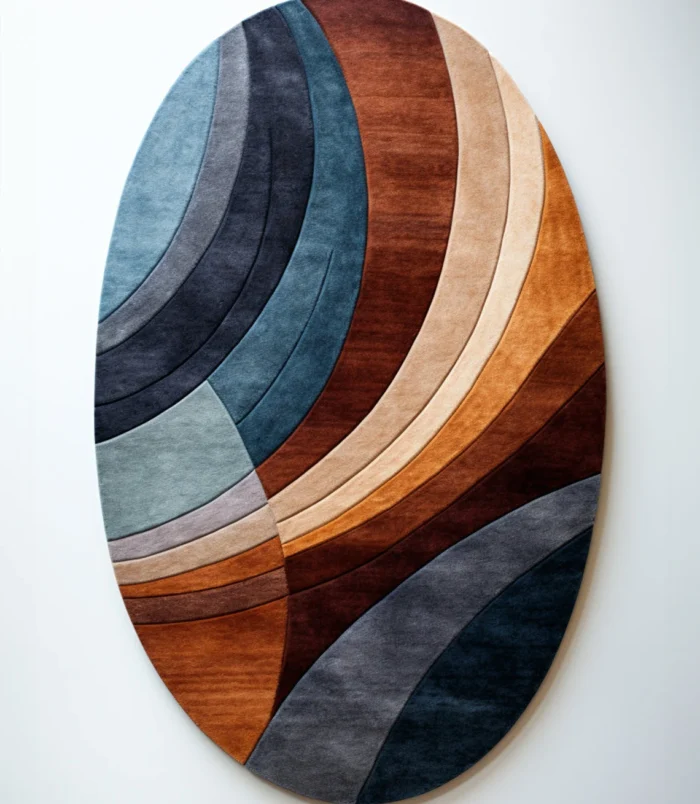 Handmade abstract wool rug in oval shape with blue, brown, and gold tones – tufted modern area rug.