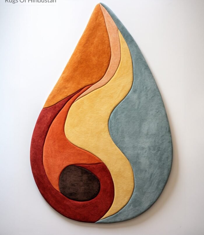 Handmade flame-inspired wool rug in blue, gold, orange & brown – modern tufted abstract carpet.