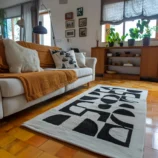 Modern Abstract Rectangular Shape Soft Wool Handmade white black Area Rug