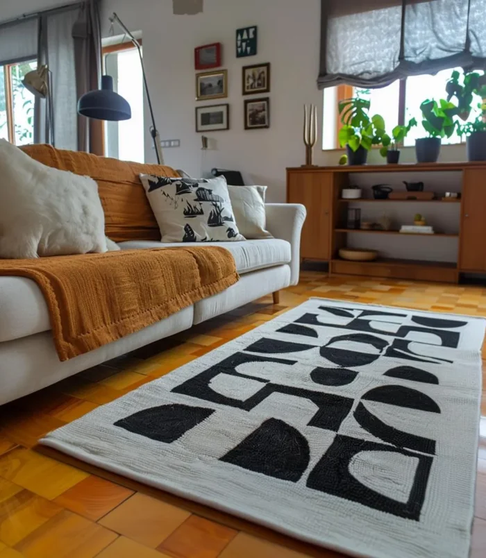 Modern Abstract Rectangular Shape Soft Wool Handmade white black Area Rug