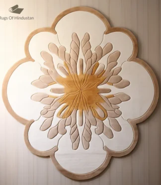 Luxury floral-shaped beige and gold area rug, a handcrafted statement piece for elegant interiors.