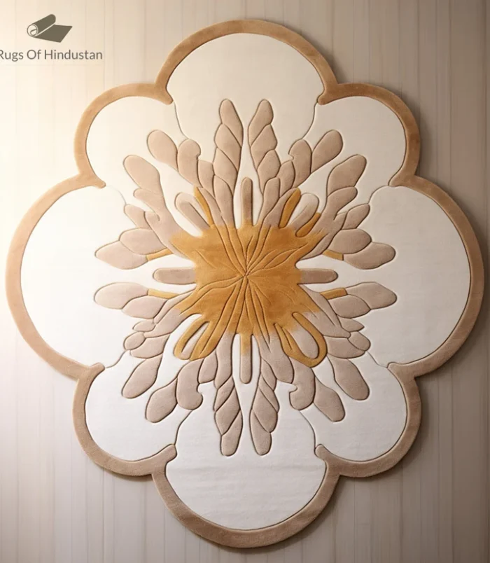 Luxury floral-shaped beige and gold area rug, a handcrafted statement piece for elegant interiors.