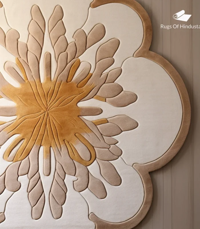 Luxury floral-shaped beige and gold area rug, a handcrafted statement piece for elegant interiors.