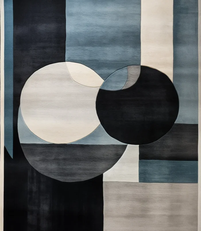 Abstract blue and black rug featuring bold geometric patterns for a contemporary interior.