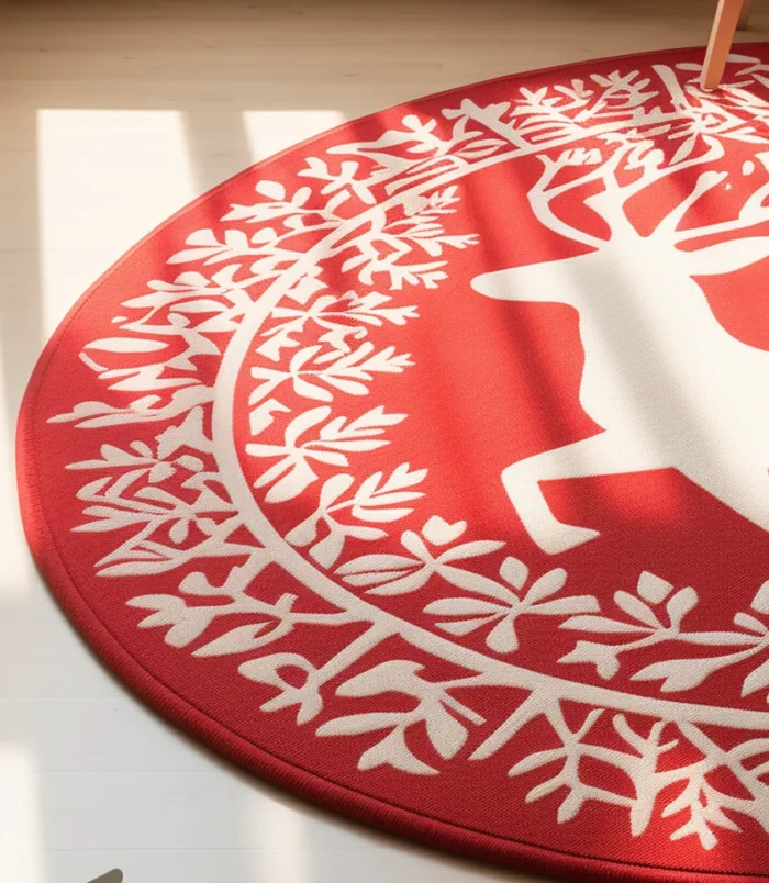 Vibrant red round rug with a white deer pattern, ideal for holiday and festive home décor.