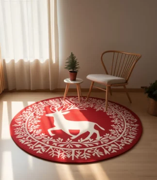 Vibrant red round rug with a white deer pattern, ideal for holiday and festive home décor.