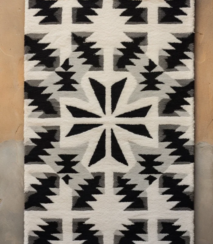 Handcrafted Southwestern black and white geometric wool rug with tribal pattern for elegant home décor.