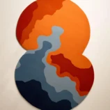 Bold abstract round area rug with vibrant orange, blue, and red hues, perfect for modern interiors.