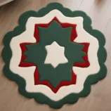 Modern star-shaped rug with green, red, and white layers, handcrafted for festive and elegant interiors.