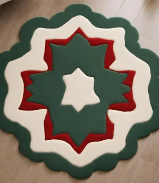 Modern star-shaped rug with green, red, and white layers, handcrafted for festive and elegant interiors.