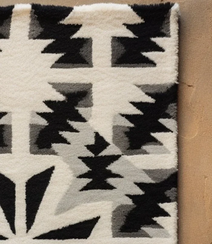 Handcrafted Southwestern black and white geometric wool rug with tribal pattern for elegant home décor.
