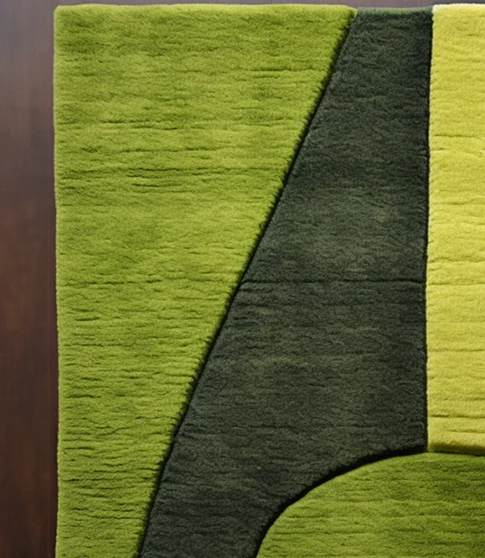 Modern geometric hand-tufted green wool area rug with abstract design for contemporary home décor.