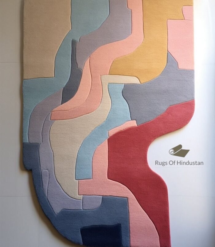 Handmade geometric abstract wool rug with layered design in warm and cool tones, perfect for modern home decor.