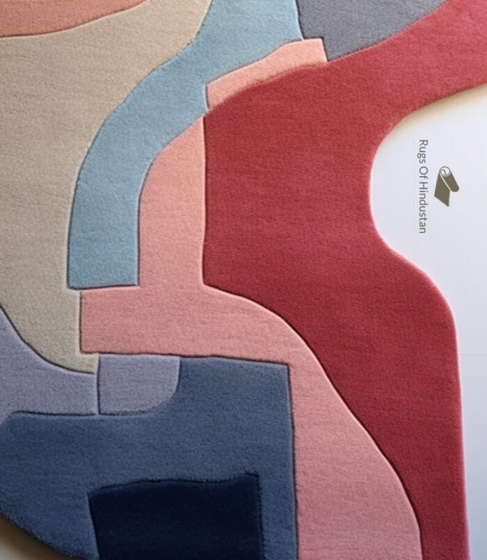 Handmade geometric abstract wool rug with layered design in warm and cool tones, perfect for modern home decor.