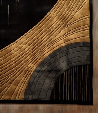 Modern black and gold abstract wool rug with an elegant and luxurious design for sophisticated interiors.