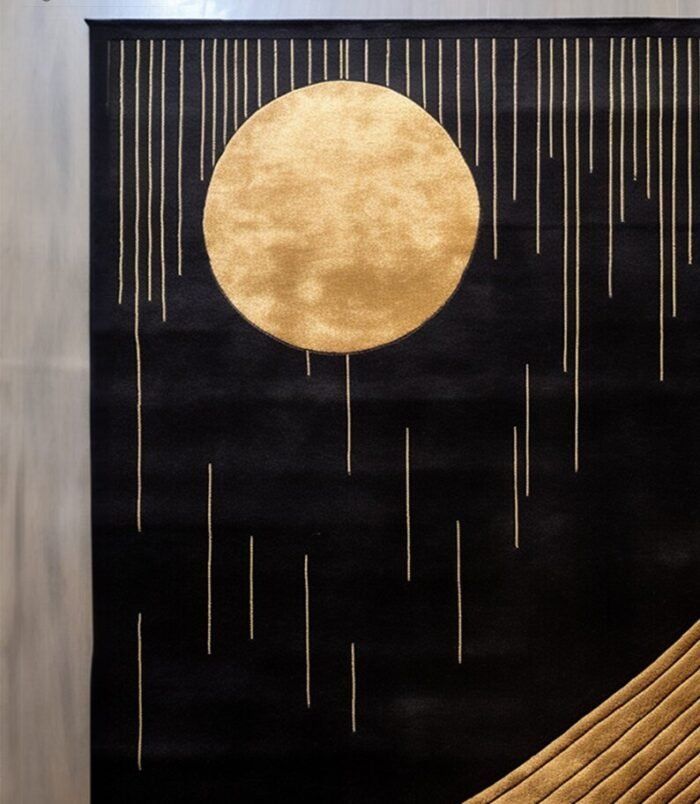 Modern black and gold abstract wool rug with an elegant and luxurious design for sophisticated interiors.