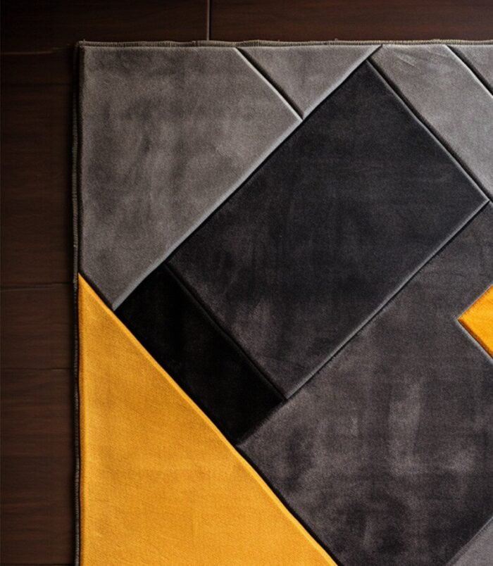 Modern geometric yellow and grey rug with bold abstract patterns for contemporary interiors.