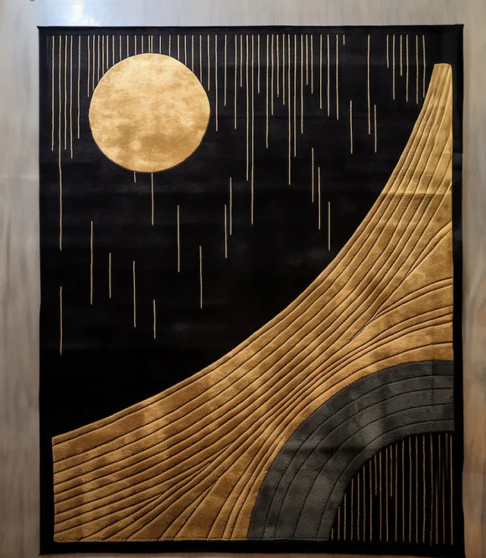 Modern black and gold abstract wool rug with an elegant and luxurious design for sophisticated interiors.